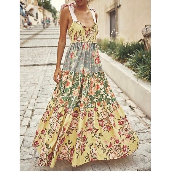 Free People Dresses & Skirts - Free People Bluebell Maxi Dress M Yellow Green Pink Floral Cotton Smock